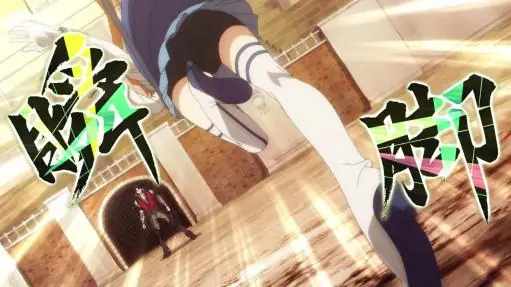 Scene from Shinmai Ossan Boukensha's anime showing Angelica wearing dark shorts under her skirt